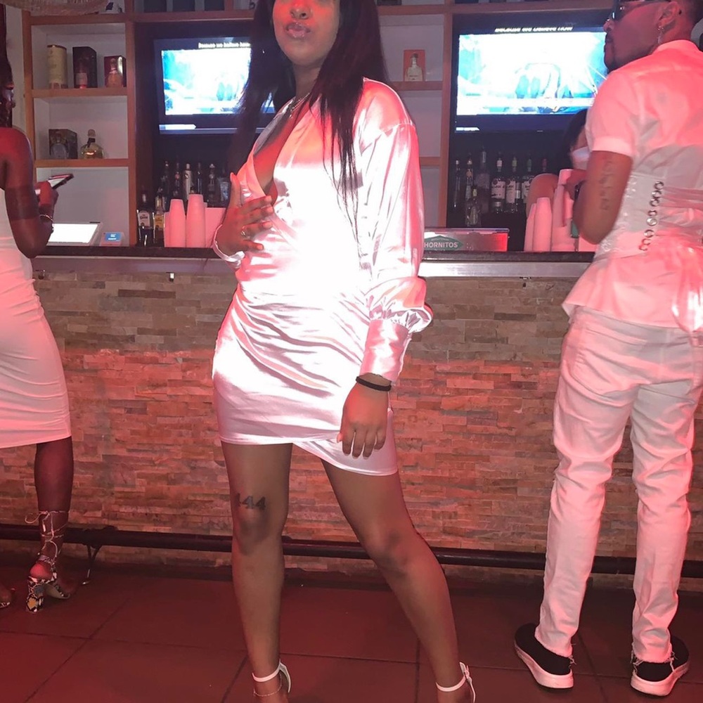 All white silk cross over dress